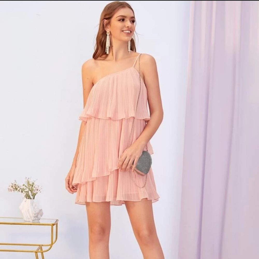 One Shoulder Layered Ruffle Plisse Slip Dress